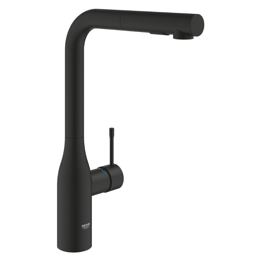 Змішувач для кухні Grohe Essence одноважільний з висувною лійкою, чорний матовий (30504KF0)