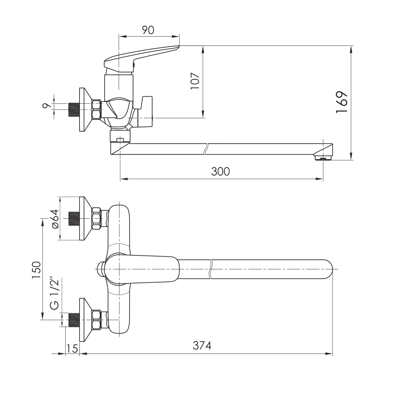 PRAHA new змiшувач до ванни, L-вилив 300 мм, хром, 35 мм