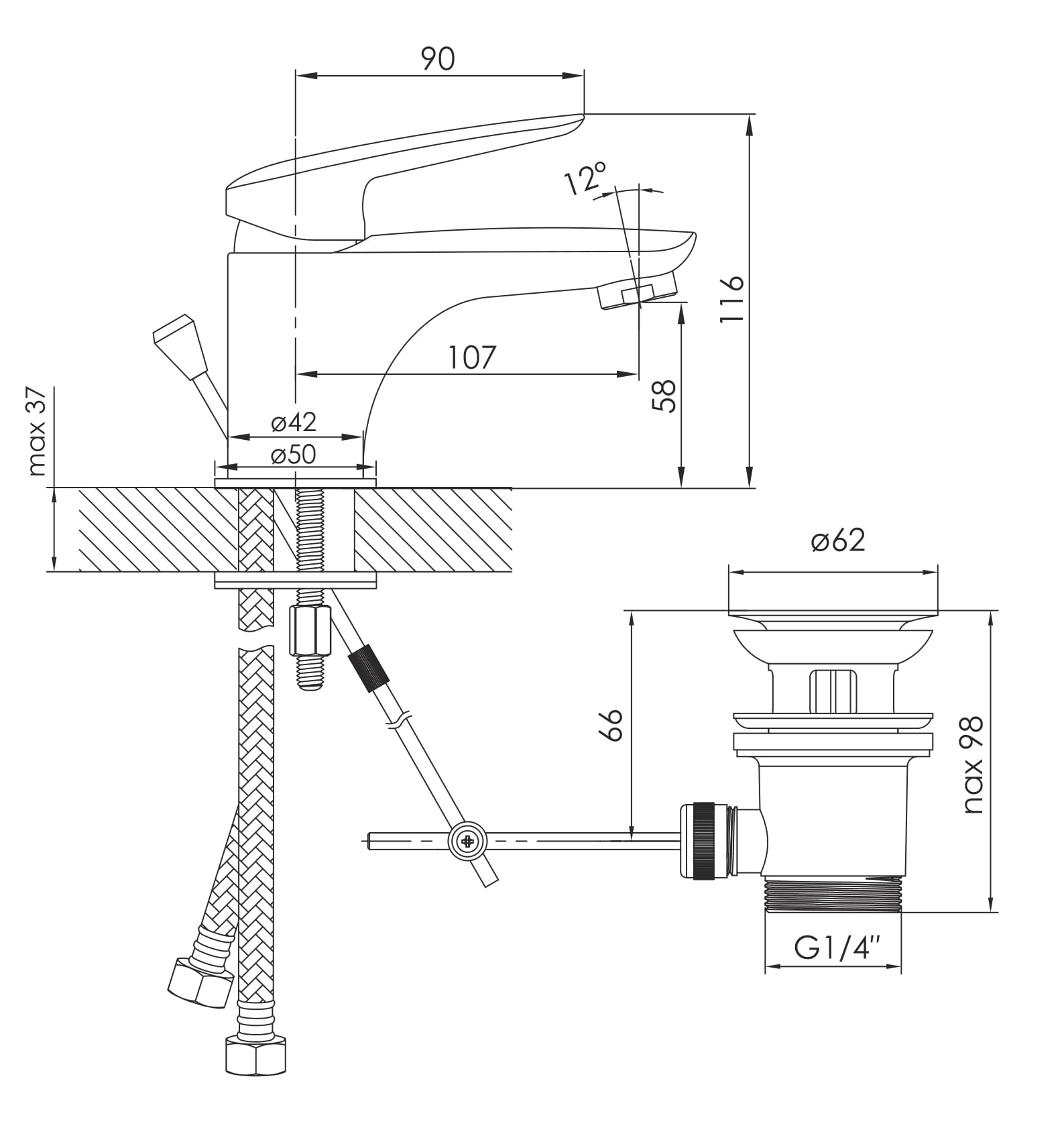 PRAHA new змiшувач до умивальника з донним клапаном, хром, 35 мм