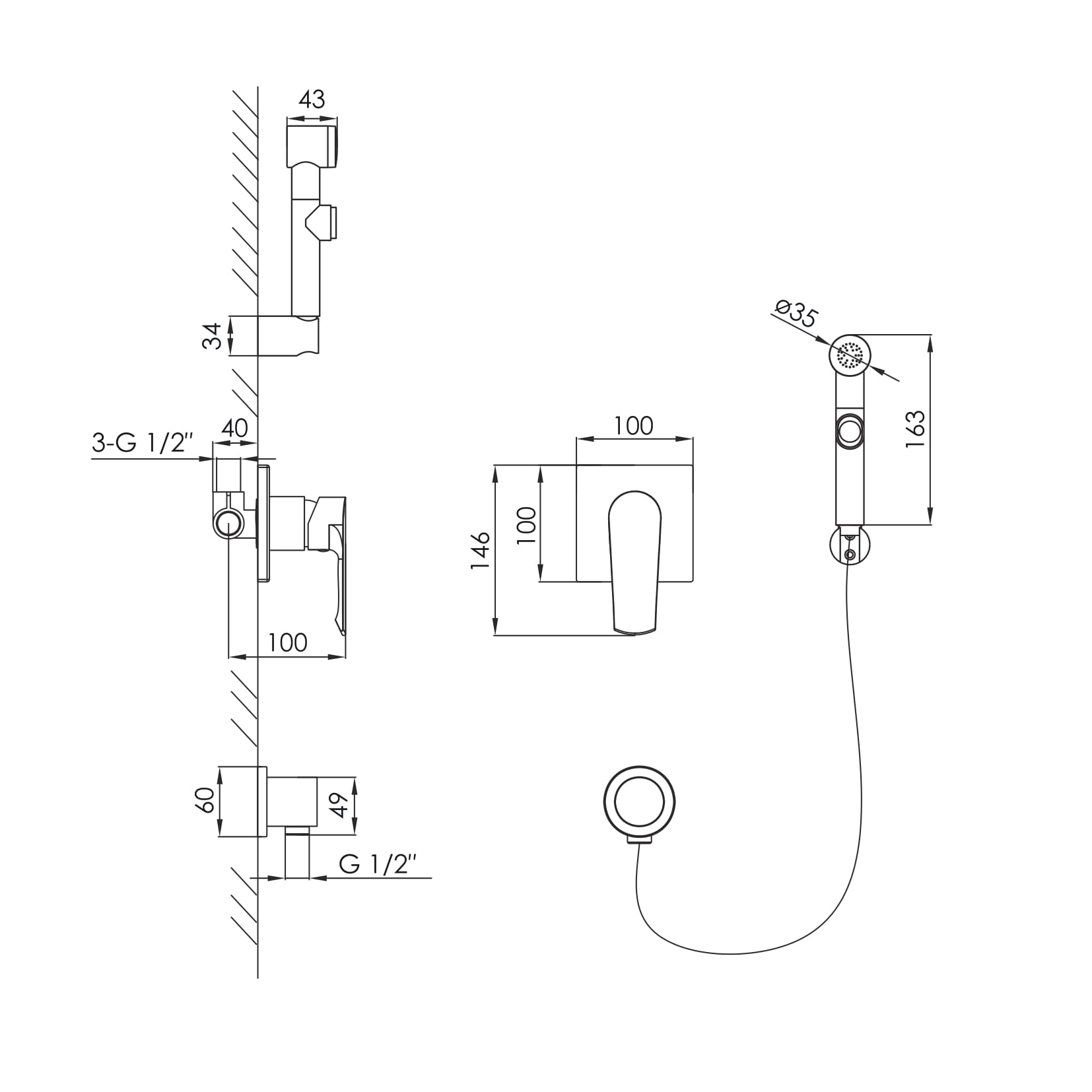 VYSKOV набір гігієнічний (змішувач прихованого монтажу з гігієнічним душем), хром