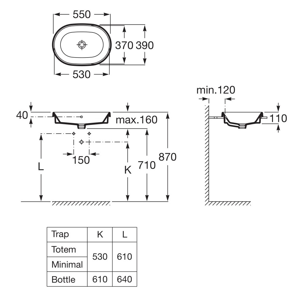 GAP умивальник 55*39см, вбуд., овальний, без отвору пiд змiшувач