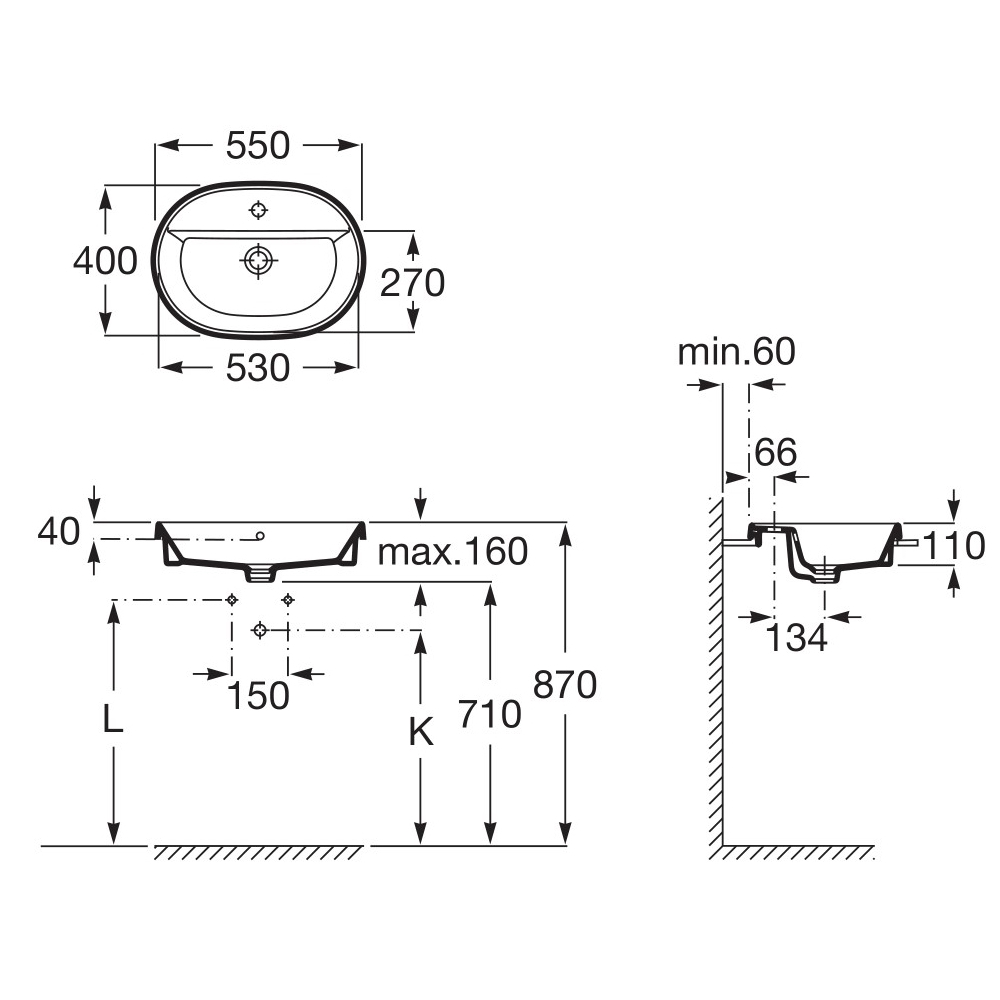 GAP умивальник 55*40см, вбуд., овальний, з отвором пiд змiшувач