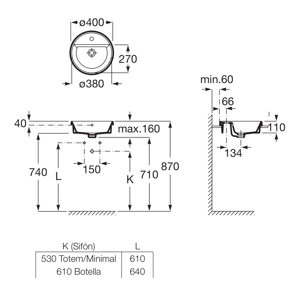 GAP умивальник 40*40 см, вбудований, круглий, з отвором під змішувач