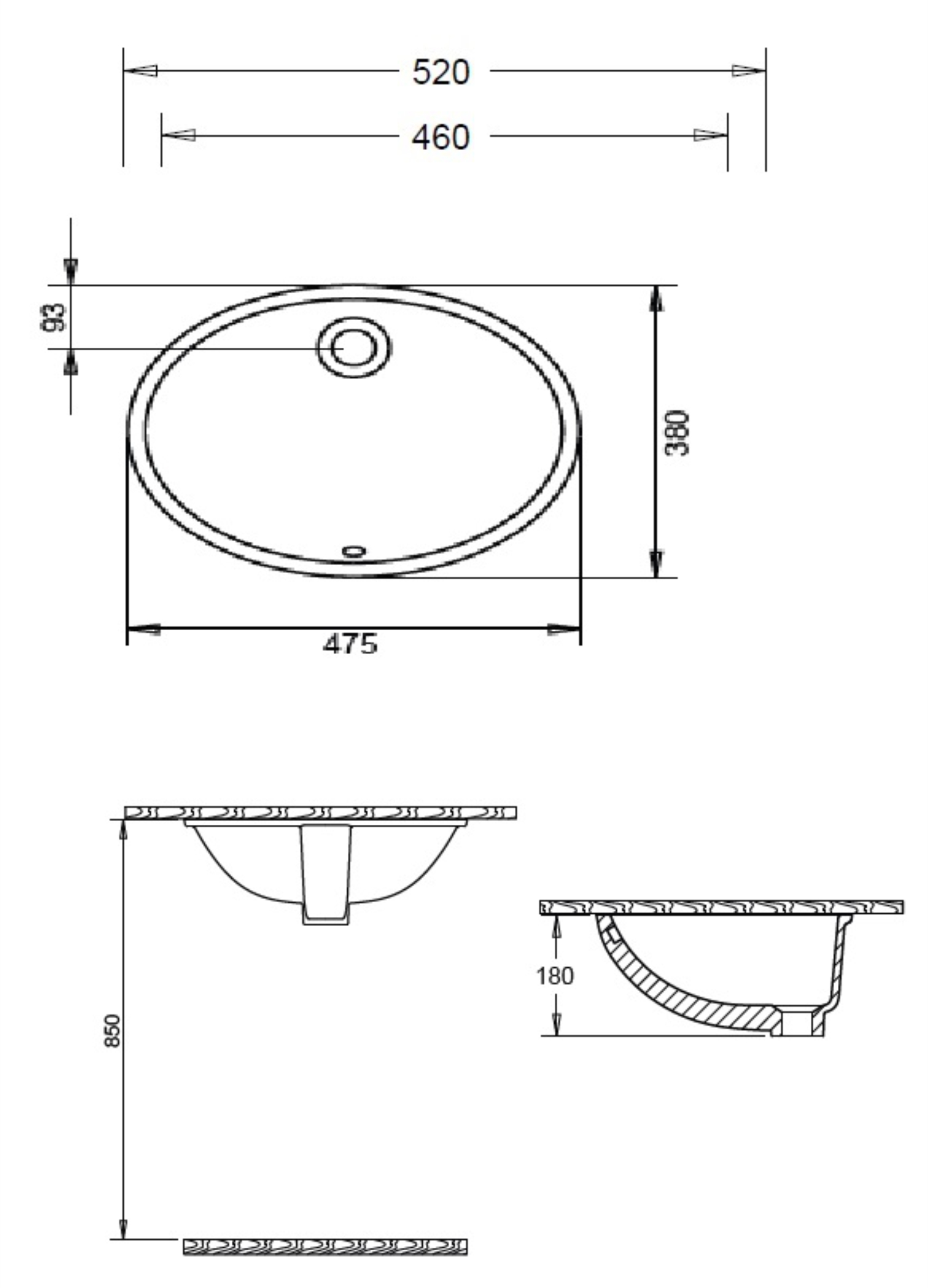 IMPRESE умывальник овальный (38*47,5*18см врезной под столешницу)