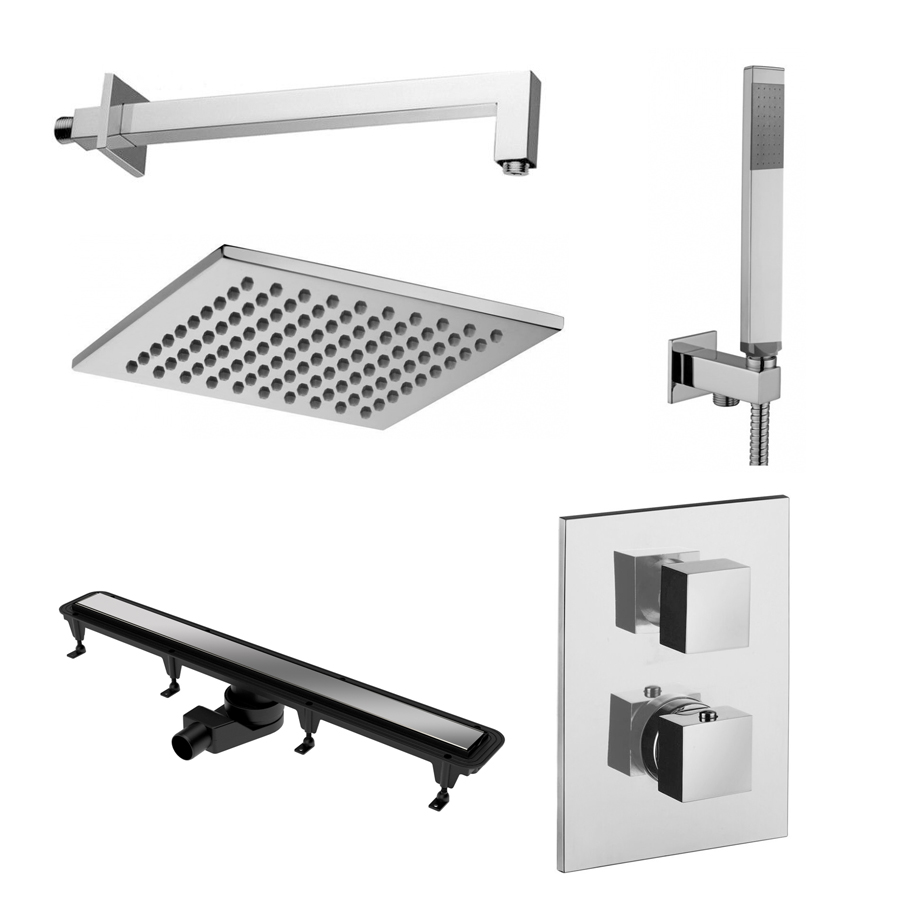 Комплект для душу з термостатом, верхнім і ручним душем Paffoni і душовим каналом Waterway Stream 900, хром (KIT LEQ518CR WSB)