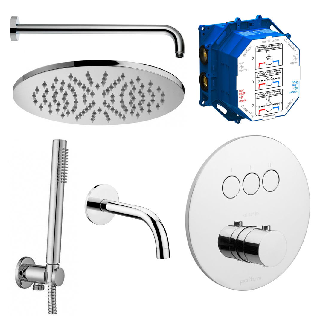 Набір для душової системи прихованого монтажу Paffoni з термостатом, верхнім та ручним душем, зливом, хром (Kit Compact-T Tondo B)