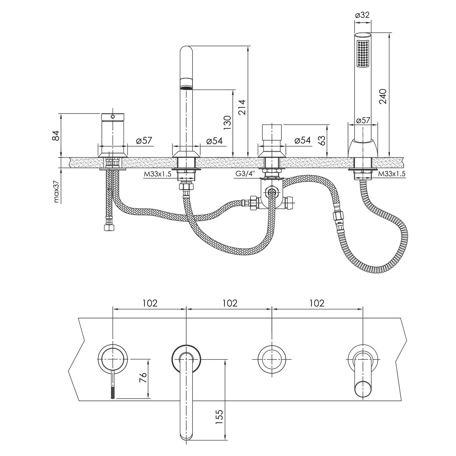BRENTA змішувач для ванни, врізний, граф.хром