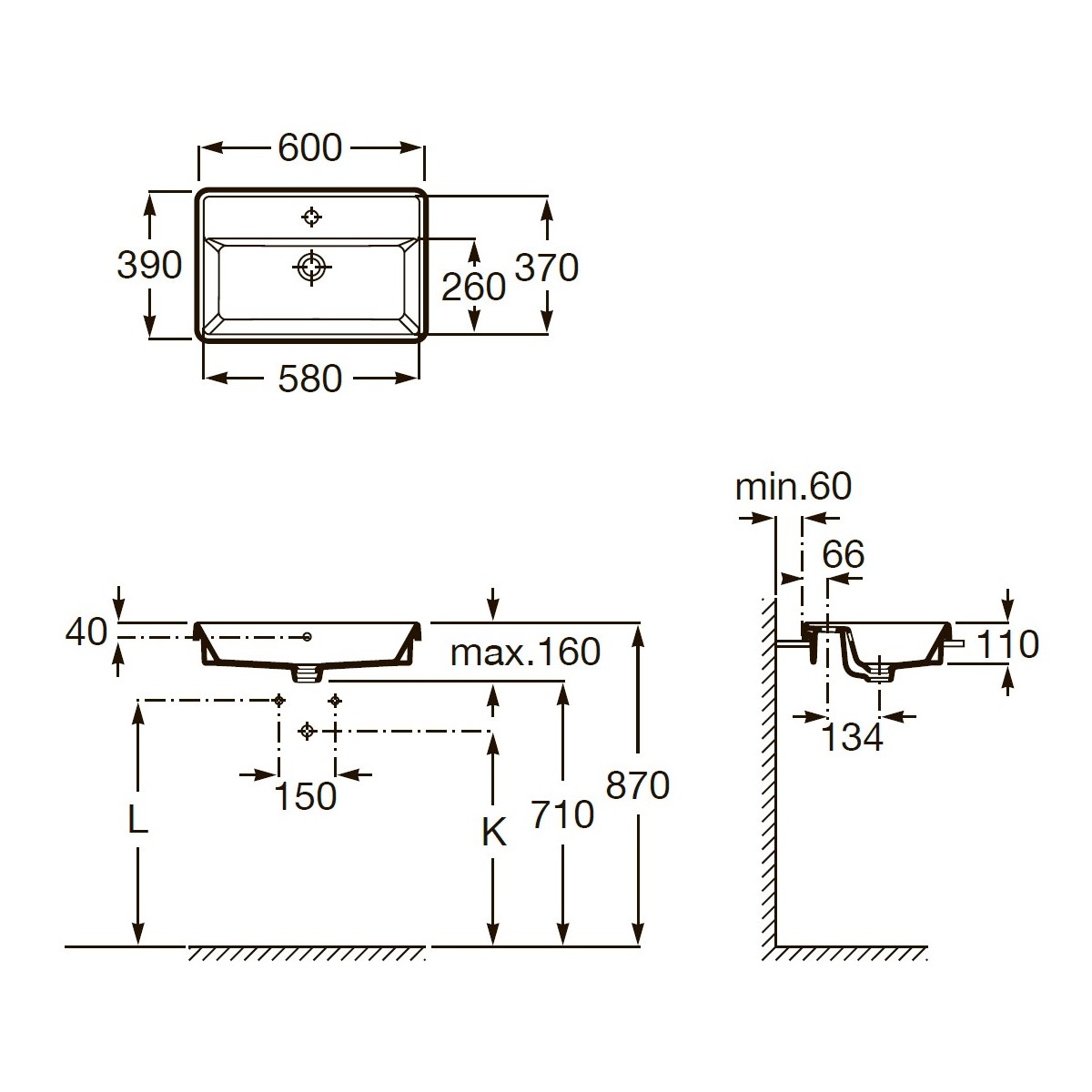 GAP умивальник 60*39см, вбуд., прямокутний, з отвором пiд змiшувач