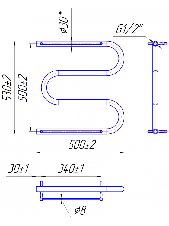 Змійка ∅30 з полицею 530x500/500
