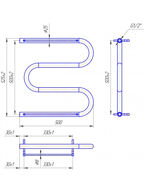Змійка ∅25 з полицею 525x500/500